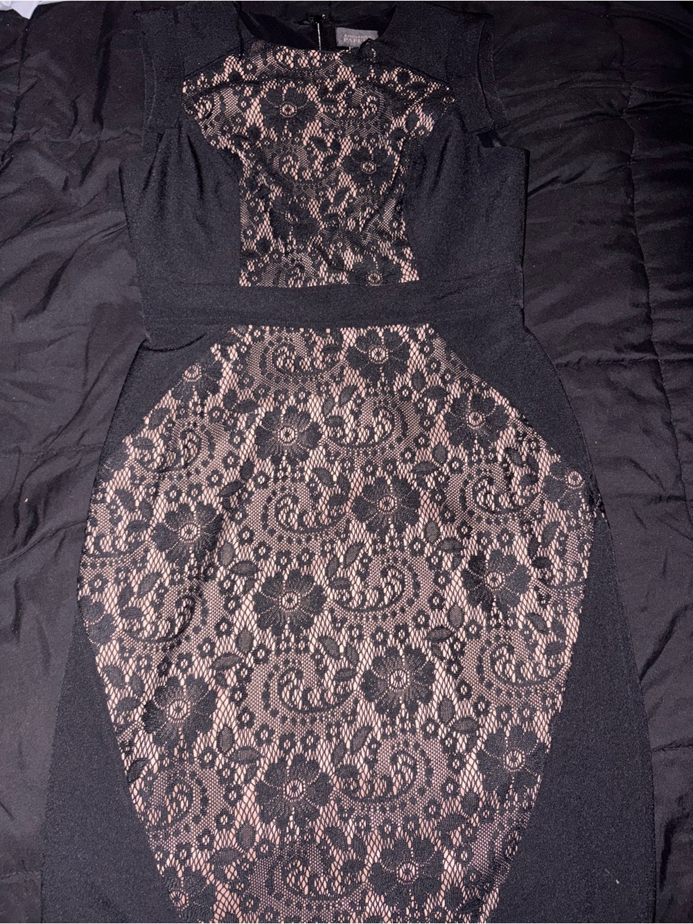 Adrianna Papell black nude illusion lace cocktail dress size 8